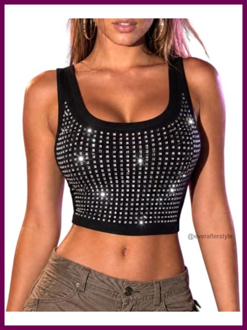 Sparkly Rhinestone Crop Tank Top Slim Fit Ribbed Knit Y2K Club Top